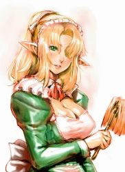 Rule 34 | 1girl, blonde hair, bow (bhp), breasts, cleavage, elf, european clothes, green eyes, hair over one eye, large breasts, lips, maid, original, pointy ears, solo