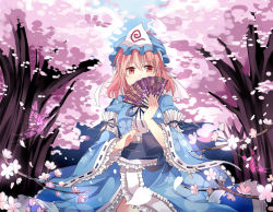 Rule 34 | 1girl, absurdres, al (ahr), bad id, bad pixiv id, breasts, cherry blossoms, hand fan, folding fan, hat, highres, japanese clothes, long sleeves, obi, petals, pink eyes, pink hair, saigyouji yuyuko, sash, short hair, smile, solo, touhou, triangular headpiece, wide sleeves