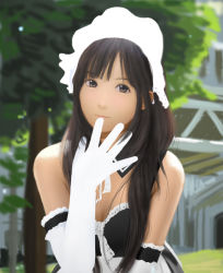 Rule 34 | 1girl, 3d, bad id, bad pixiv id, bare shoulders, black hair, blurry, blush, breasts, brown eyes, cleavage, depth of field, detached collar, gloves, lips, maid, maid headdress, original, realistic, siraha, smile, solo, white gloves