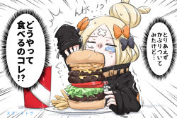 Rule 34 | 1girl, abigail williams (fate), abigail williams (traveling outfit) (fate), black bow, black jacket, blonde hair, blue eyes, bow, burger, commentary request, crossed bandaids, cup, disposable cup, eating, emphasis lines, fate/grand order, fate (series), food, french fries, hair bow, hair bun, heroic spirit traveling outfit, highres, jacket, long hair, long sleeves, multiple hair bows, neon-tetora, official alternate costume, orange bow, parted bangs, single hair bun, sleeves past wrists, solo, sweat, tears, translation request