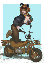 Rule 34 | 1girl, adapted costume, animal ears, aqua background, bag, black gloves, black jacket, boots, bow, bowtie, breasts, brown footwear, brown hair, brown leotard, commission, detached collar, eyewear on head, girls&#039; frontline, glasses, gloves, grass, grizzly mkv (girls&#039; frontline), hair intakes, highres, holding, holding bag, honda, jacket, kojima (blue stardust), large breasts, leotard, looking at viewer, motor vehicle, motorcycle, open clothes, open jacket, open mouth, pantyhose, paper bag, playboy bunny, purple eyes, rabbit ears, short hair, skeb commission, smile, solo, sunglasses, two-tone background, white background, yellow bow, yellow bowtie