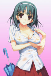 Rule 34 | 1girl, absurdres, bikini, bikini top only, blush, breasts, brown eyes, cleavage, collarbone, green hair, hairband, highres, large breasts, see-through, shirt, solo, swimsuit, tomose shunsaku, umbrella, wet, wet clothes, wet shirt