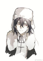 Rule 34 | 1boy, black coat, black hair, bungou stray dogs, chinese commentary, coat, collared shirt, commentary request, cui (jidanhaidaitang), fur-trimmed coat, fur hat, fur trim, fyodor dostoyevsky (bungou stray dogs), hair between eyes, hat, high collar, highres, looking ahead, male focus, medium hair, open clothes, open coat, open mouth, red eyes, shirt, simple background, smile, solo, teeth, upper body, ushanka, watermark, weibo logo, weibo watermark, white background, white shirt