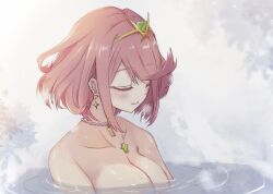 Rule 34 | 1girl, bathing, bob cut, breasts, breath, closed eyes, closed mouth, collarbone, commentary request, core crystal (xenoblade), earrings, eyelashes, highres, jewelry, large breasts, medium hair, necklace, partially submerged, pyra (xenoblade), red hair, ripples, smile, solo, star (symbol), star earrings, takumi (user xmwf4727), tiara, water, xenoblade chronicles (series), xenoblade chronicles 2