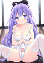 Rule 34 | 1girl, :o, azur lane, bare arms, bare shoulders, between labia, black bow, black hairband, blurry, blurry background, blush, bow, bow panties, breasts, cameltoe, cleft of venus, clothes lift, commentary request, depth of field, dress, dress lift, feet out of frame, hair between eyes, hair bow, hairband, highres, indoors, knees up, lifting own clothes, long hair, looking at viewer, panties, parted lips, purple eyes, purple hair, satsuki yukimi, sleeveless, sleeveless dress, small breasts, solo, spread legs, thighhighs, underwear, unicorn (azur lane), very long hair, white dress, white panties, white thighhighs, wooden floor