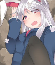 Rule 34 | 1girl, animal ears, bandages, black thighhighs, blazer, blush, commentary request, hammer (sunset beach), jacket, long hair, md5 mismatch, necktie, open mouth, rabbit ears, red eyes, reisen udongein inaba, resized, resolution mismatch, silver hair, solo, source smaller, thighhighs, touhou, upscaled