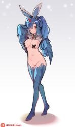 Rule 34 | 1girl, animal ears, anivia, arms up, artist name, blue thighhighs, blush, breasts, cross pasties, fake animal ears, full body, gem, groin, highres, horns, humanization, large breasts, league of legends, leotard, lewdishsnail, long hair, meme attire, nude, pasties, playboy bunny, red eyes, reverse bunnysuit, reverse outfit, single horn, smile, standing, thighhighs, white background, wings