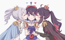 Rule 34 | 3girls, ahoge, ahoge wag, alternate costume, apple, black hair, blue dress, blue eyes, blue hair, blush, bow, bronya zaychik, cape, cheek kiss, closed eyes, closed mouth, crossed bangs, crown, double cheek kiss, dress, drill hair, dropping, expressive hair, food, fruit, gloves, grey hair, hair between eyes, hair bow, hair ornament, hand on another&#039;s shoulder, highres, holding, holding another&#039;s wrist, honkai (series), honkai impact 3rd, kiss, kissing cheek, long hair, looking at viewer, multicolored hair, multiple girls, nasubi (1ra1ri1ko2cho1mi2na), ponytail, red bow, red hair, seele (alter ego), seele vollerei, short hair, sidelocks, simple background, smile, twin drills, two-tone hair, white background, yuri