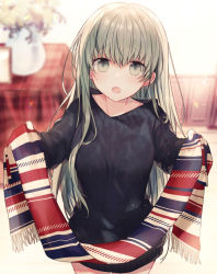 Rule 34 | 1girl, :o, alternate hairstyle, black dress, black sweater, blurry, blurry background, blush, breasts, cecilia (shiro seijo to kuro bokushi), commentary request, cowboy shot, depth of field, dress, fringe trim, green eyes, green hair, hair between eyes, holding, holding clothes, holding scarf, indoors, kazutake hazano, lens flare, long hair, long sleeves, looking at viewer, open mouth, plaid, scarf, shiro seijo to kuro bokushi, small breasts, solo, standing, straight hair, striped clothes, striped scarf, sweater, sweater dress, table, unworn scarf, vase, very long hair