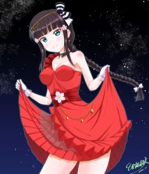Rule 34 | 1girl, alternate hairstyle, artist name, artist request, bare legs, bare shoulders, black hair, blue eyes, blunt bangs, blush, bow, braid, breasts, cleavage, collarbone, corset, crown earrings, dress, earrings, female focus, flower, gloves, green eyes, hair bow, hair flower, hair ornament, highres, holding, holding clothes, holding skirt, hop? stop? nostop!, hop? stop? nostop! (love live!), jewelry, kurosawa dia, layered skirt, long braid, long hair, looking at viewer, love live!, love live! school idol festival, love live! sunshine!!, medium breasts, miniskirt, mole, mole under mouth, nanase tatsuki (aurora illusion), night, night sky, pink flower, plaid, plaid dress, plaid skirt, pleated, pleated dress, pleated skirt, red corset, red dress, red flower, red skirt, single braid, skirt, sky, sleeveless, sleeveless dress, smile, solo, striped, striped bow, tousou meisou mobius loop, tousou meisou mobius loop (love live!), very long hair, white bow, white flower, white gloves, wing collar, zoom layer