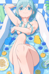 Rule 34 | 1girl, aqua eyes, aqua hair, bath, bathing, bathroom, bathtub, blue eyes, blue flower, blue hair, blue rose, blush, breast hold, breasts, cleavage, closed mouth, collarbone, commentary, covering breasts, covering privates, flower, food, from above, fruit, hair between eyes, hatsune miku, highres, knees up, large breasts, long hair, looking at viewer, lying, mandarin orange, nude, on back, partially submerged, rose, rubber duck, shoulder tattoo, sidelocks, smile, solo, tattoo, thighs, tile wall, tiles, very long hair, vocaloid, water, yukichi (yu-ame)