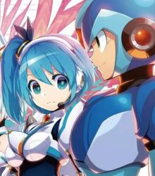 Rule 34 | 1boy, 1girl, android, blue eyes, blue hair, breasts, commentary, cropped, expressionless, girl staring at guys chest (meme), green eyes, helmet, iikoao, large pectorals, light frown, mega man (series), mega man x (series), mega man x dive, meme, mizuno keisuke, pectorals, rico (mega man), side ponytail, small breasts, smile, symbol-only commentary, third-party edit, x (mega man)