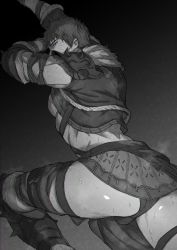 Rule 34 | 1boy, ardbert hylfyst, armor, armored boots, ass, back, bara, boots, bulge, final fantasy, final fantasy xiv, gloves, greyscale, highres, large pectorals, leg up, looking back, male focus, male underwear, monochrome, muscular, muscular male, pectorals, short hair, shoulder armor, shoulder pads, shoulder spikes, solo, spikes, sweat, thick thighs, thighs, underwear, warrior (final fantasy), zanki