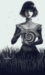 Rule 34 | 1girl, azure meraki, closed mouth, dress, field, fingernails, grass, highres, holding, long sleeves, looking at viewer, making-of available, muted color, nail polish, original, short hair, signature, snail shell, solo, standing, tall grass