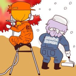 Rule 34 | 2girls, aki shizuha, alternate costume, autumn leaves, black footwear, blonde hair, boots, clothes writing, female focus, flat color, from behind, gloves, hat, ice, jumpsuit, letty whiterock, light purple hair, lowres, mask, multiple girls, nature, onikobe rin, orange hat, orange jumpsuit, outdoors, paint roller, painting (action), plant, pocket, short hair, sitting, snow, snowing, touhou, tree, white gloves, white hat
