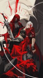 Rule 34 | 1boy, 2girls, absurdres, black gloves, blood, blood on face, carrying, closed eyes, closed mouth, coat, dante (devil may cry), devil may cry (series), devil may cry 5, eva (devil may cry), fine art parody, fingerless gloves, gloves, highres, holding, lying on lap, male focus, mother and son, multiple girls, parody, pieta, rebellion (sword), red coat, sin node, sitting, trish (devil may cry), white hair
