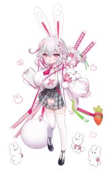 Rule 34 | 1girl, animal ears, black footwear, braid, breasts, broken heart, chestnut mouth, clipboard, collared shirt, commentary request, dress shirt, garter straps, grey hair, grey skirt, hair between eyes, heart, highres, holding, jacket, katana, large breasts, long sleeves, looking at viewer, necktie, open clothes, open jacket, original, parted lips, pink eyes, plaid, plaid skirt, pleated skirt, puffy long sleeves, puffy sleeves, purple necktie, rabbit ears, sheath, sheathed, shiodome oji, shirt, shoes, short necktie, simple background, skirt, solo, sword, thighhighs, weapon, white background, white jacket, white shirt, white thighhighs