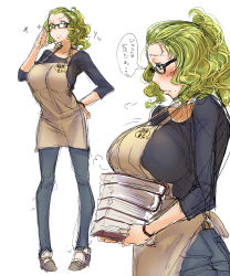 Rule 34 | 1girl, adjusting eyewear, apron, bakuya, black shirt, blonde hair, blush, book, book stack, breast rest, breasts, carried breast rest, carrying, denim, female focus, frown, glasses, hand on own hip, high heels, highres, holding, holding book, huge breasts, inconvenient breasts, jeans, looking down, mole, mole under mouth, multiple views, original, pants, pigeon-toed, ponytail, profile, sad, shirt, sketch, standing, text focus, thought bubble, translated, watch, wavy hair, white background, yellow eyes