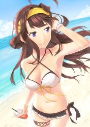 Rule 34 | 10s, 1girl, absurdres, adjusting hair, armpits, baffu, beach, bikini, bow, breasts, brown hair, collarbone, cowboy shot, criss-cross halter, cup, day, disposable cup, double bun, gradient background, hair bun, halterneck, headgear, highres, holding, holding cup, horizon, kantai collection, kongou (kancolle), long hair, looking away, looking to the side, medium breasts, navel, ocean, outdoors, pelvic curtain, purple eyes, side-tie bottom, sky, smile, solo, starbucks, swimsuit, thigh strap, white bikini, wrist cuffs