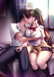 1boy 1girl akeyama_kitsune alternate_costume azur_lane black_hair black_pants black_skirt black_socks bow bowtie breasts brown_cardigan brown_hair cardigan cardigan_around_waist cleavage clothes_around_waist collarbone collared_shirt curtains french_kiss grabbing_another&#039;s_breast groping hand_on_another&#039;s_crotch high_ponytail highres indoors kiss large_breasts long_hair loose_bowtie miniskirt on_bed pants pleated_skirt red_bow red_bowtie school_uniform shirt short_hair short_sleeves sitting skirt socks very_long_hair white_shirt window zuikaku_(azur_lane)