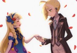 Rule 34 | 1boy, 1girl, aroma 0404, black jacket, blonde hair, blue dress, blue necktie, braid, brother and sister, closed eyes, closed mouth, collared shirt, creatures (company), dress, earrings, elbow gloves, game freak, gladion (pokemon), gladion (sygna suit) (pokemon), gloves, green eyes, highres, holding hands, jacket, jewelry, lillie (anniversary 2021) (pokemon), lillie (pokemon), long hair, looking at another, necktie, nintendo, official alternate costume, open clothes, open jacket, open mouth, pants, petals, pokemon, pokemon masters ex, shirt, short hair, siblings, sleeveless, sleeveless dress, twin braids, twitter username, vest, white background, white gloves, white pants, white shirt