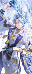 Rule 34 | 1boy, absurdres, arm up, black gloves, blue eyes, blue hair, closed mouth, commentary, flower, genshin impact, gloves, hair between eyes, half gloves, haruri, highres, holding, holding sword, holding weapon, hydrokinesis, jacket, japanese clothes, kamisato ayato, kimono, long sleeves, looking at viewer, male focus, pants, parted bangs, pink flower, pink rose, rose, smile, solo, sword, water, weapon, white flower, white jacket, white kimono, white pants, white rose