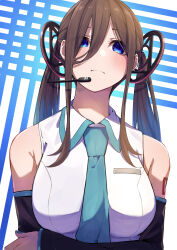 Rule 34 | 1girl, absurdres, arm tattoo, arm under breasts, bare shoulders, between breasts, black sleeves, blue necktie, breasts, closed mouth, collared shirt, commentary, cosplay, expressionless, eyes visible through hair, go-toubun no hanayome, green nails, half updo, hand on own arm, hatsune miku, hatsune miku (cosplay), highres, large breasts, looking at viewer, nail polish, nakano miku, name connection, necktie, shiny skin, shirt, sidelocks, simple background, sleeveless, sleeveless shirt, straight-on, tamago sando, tattoo, throat microphone, white background