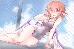 Rule 34 | 1girl, breasts, chain-link fence, commission, fence, fingernails, fumitsuki (minaduki 6), hand on own face, legs, long fingernails, looking at viewer, lying, messy hair, mystia lorelei, nail polish, one-piece swimsuit, open mouth, pink eyes, pink hair, pink nails, school swimsuit, sharp fingernails, short hair, skeb commission, sky, smile, solo, sweatdrop, swimsuit, tile floor, tiles, touhou, white one-piece swimsuit, wings