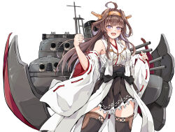 Rule 34 | 1girl, ahoge, bare shoulders, black skirt, black thighhighs, blush, brown hair, cowboy shot, dairyo3, detached sleeves, double bun, frilled skirt, frills, hair bun, hairband, headgear, highres, japanese clothes, kantai collection, kongou (kancolle), kongou kai ni (kancolle), long hair, looking at viewer, machinery, nontraditional miko, open mouth, pleated skirt, purple eyes, ribbon-trimmed sleeves, ribbon trim, rigging, simple background, skirt, smile, solo, thighhighs, turret, white background, white sleeves, wide sleeves