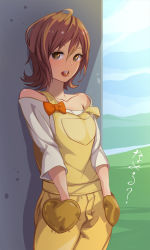 Rule 34 | 10s, 1girl, bad id, bad pixiv id, bare shoulders, brown eyes, brown hair, collarbone, hands in pockets, happinesscharge precure!, heart, highres, looking at viewer, motoki (hisano motoki), mouth hold, oomori yuuko, open mouth, overalls, precure, solo, strap slip, tongue