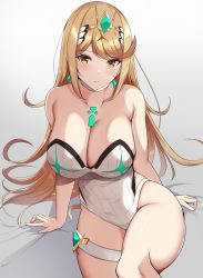 Rule 34 | 1girl, chest jewel, highres, mythra (radiant beach) (xenoblade), mythra (xenoblade), noeomi, official alternate costume, solo, swimsuit, thigh strap, thighs, xenoblade chronicles (series), xenoblade chronicles 2