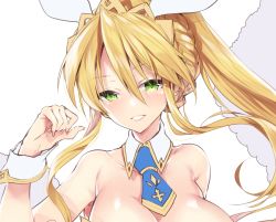 Rule 34 | 1girl, 218, animal ears, armpits, artoria pendragon (all), artoria pendragon (fate), artoria pendragon (swimsuit ruler) (fate), bare shoulders, blonde hair, blue necktie, braid, breasts, cleavage, detached collar, fake animal ears, fate/grand order, fate (series), french braid, green eyes, large breasts, leotard, necktie, playboy bunny, ponytail, rabbit ears, sidelocks, solo, upper body, white leotard, wrist cuffs