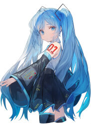 Rule 34 | 1girl, absurdres, bare shoulders, black skirt, black thighhighs, blue eyes, blue hair, blush, closed mouth, commentary, cropped legs, detached sleeves, from side, hatsune miku, high-waist skirt, highres, long hair, long sleeves, looking at viewer, looking to the side, mihoranran, number tattoo, pleated skirt, shirt, shoulder tattoo, simple background, skirt, solo, tattoo, thighhighs, twintails, very long hair, vocaloid, white background, white shirt, wide sleeves, zettai ryouiki