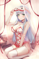 Rule 34 | 1girl, arm up, bare arms, bare shoulders, blunt bangs, blurry, breasts, caba (caba091), choker, cleavage, closed mouth, collarbone, cross hair ornament, curtains, facial mark, garter straps, girls&#039; frontline, green eyes, hair ornament, highres, hk416 (girls&#039; frontline), large breasts, lingerie, long hair, looking at viewer, no shoes, pillow, red ribbon, ribbon, see-through, seiza, shawl, sidelocks, silver hair, sitting, sleep mask, solo, thighhighs, underwear, white thighhighs