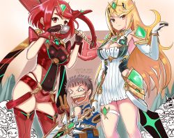 Rule 34 | 1boy, 2girls, angry, annoyed, blonde hair, breasts, cleavage, dual persona, earrings, evil grin, evil smile, grin, highres, jewelry, laughing, legs, long hair, looking at viewer, matching hair/eyes, multiple girls, mythra (xenoblade), nintendo, pyra (xenoblade), red eyes, red hair, rex (xenoblade), short hair, shorts, skirt, smile, standing, super smash bros., sword, tea, thigh strap, thighs, weapon, xenoblade chronicles (series), xenoblade chronicles 2, yellow eyes