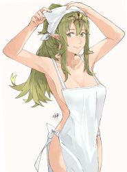 Rule 34 | 1girl, apron, armpits, arms up, blush, bow, breasts, cleavage, collarbone, eyelashes, female focus, fire emblem, fire emblem awakening, functionally nude, green eyes, green hair, hair ornament, highres, hip bones, hip focus, jewelry, large breasts, legs, lips, lipstick, long hair, looking at viewer, maid headdress, makeup, naked apron, nintendo, pointy ears, ponytail, sakuremi, smile, solo, standing, swept bangs, thighs, tiki (fire emblem), white apron