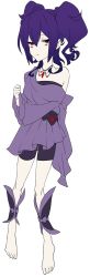 Rule 34 | 1girl, asrbpy, bags under eyes, barefoot, creatures (company), dress, flat color, full body, game freak, gem, gen 1 pokemon, gen 2 pokemon, gengar, hair between eyes, hand up, highres, jewelry, looking at viewer, necklace, nintendo, off shoulder, personification, pokemon, purple dress, purple hair, red eyes, sidelocks, simple background, two side up, white background