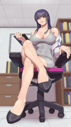 Rule 34 | 1girl, bare legs, bare shoulders, black footwear, blurry, blurry background, bookshelf, breasts, brown eyes, chair, cleavage, clipboard, closed mouth, coat, collarbone, commentary, crossed legs, doctor, dress, english commentary, eyelashes, feet, foreshortening, full body, grey dress, hair between eyes, high heels, highres, holding, indoors, knee up, lab coat, large breasts, legs, long hair, looking at viewer, lyoung0j, making-of available, mole, mole on breast, name tag, off shoulder, office chair, open clothes, open coat, original, purple hair, short dress, sitting, solo, stethoscope, swivel chair, tile floor, tiles, toe cleavage, white coat