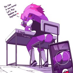 Rule 34 | 1girl, :3, animated, arrow (symbol), artist name, ass, ass shake, black dress, black footwear, blush, breasts, cameltoe, camera, cellphone, chair, colored sclera, colored skin, creatures (company), desk, diives, dress, english text, female focus, from behind, full body, game freak, gen 4 pokemon, hair between eyes, half-closed eyes, hand up, heart, highres, holding, holding phone, kneehighs, looking back, looking to the side, medium breasts, mismagius, nintendo, no humans, open mouth, panties, personification, phone, poke ball, poke ball (basic), pokemon, pokemon (creature), pokemon go, purple hair, purple skin, red eyes, school desk, school uniform, shirt, shoes, short dress, short sleeves, signature, simple background, sitting, sleeveless, sleeveless dress, smile, socks, solo, talking, text focus, underwear, upskirt, white background, white panties, white shirt, white socks, yellow sclera