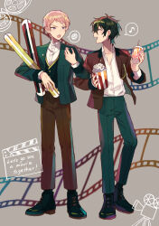 Rule 34 | 2boys, absurdres, black footwear, blazer, brown pants, buttons, closed eyes, collared shirt, commentary request, cup, disposable cup, dress shirt, drinking straw, ensemble stars!, facing another, film strip, food, full body, green hair, hand up, highres, holding, holding cup, itsuki shu, jacket, kagehira mika, lapels, long sleeves, looking at another, male focus, multiple boys, musical note, notched lapels, open collar, open mouth, pants, partially unbuttoned, pink hair, popcorn, purple eyes, shirt, shoelaces, short bangs, short hair, spoken musical note, standing, teeth, upper teeth only, valkyrie (ensemble stars!), wednesday 108, white shirt