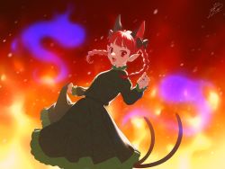 Rule 34 | 1girl, :d, absurdres, animal ears, blue fire, blunt bangs, braid, breasts, cat ears, cat tail, cowboy shot, dress, embers, extra ears, eyebrows hidden by hair, fang, fire, fire, floating hair, floral print, ghost, gradient background, green dress, hand up, highres, hitodama, juliet sleeves, kaenbyou rin, long hair, long sleeves, looking at viewer, multiple tails, nail polish, nekomata, open mouth, orange background, petticoat, pointy ears, puffy sleeves, red eyes, red hair, red nails, roman komarov, signature, simple background, skin fang, small breasts, smile, solo, sparks, tail, touhou, twin braids, twintails, two tails, v-shaped eyebrows