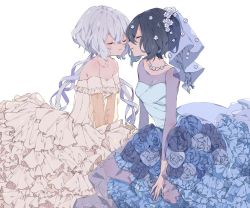 Rule 34 | 2girls, azusa (rikuriku), bare shoulders, black hair, breasts, cleavage, closed eyes, collarbone, detached sleeves, dress, face-to-face, flower, frilled dress, frills, hair flower, hair ornament, hair ribbon, highres, jewelry, konno junko, long hair, low twintails, mizuno ai, multiple girls, necklace, open mouth, ribbon, short hair, simple background, smile, twintails, veil, wedding dress, white background, white hair, yuri, zombie land saga