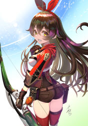 Rule 34 | amber (genshin impact), ass, belt, belt pouch, bow (weapon), breasts, brown hair, gem, genshin impact, hair between eyes, hair ornament, headband, holding, holding bow (weapon), holding weapon, long hair, looking at viewer, looking back, medium breasts, pouch, shorts, signature, sky, thighhighs, weapon, yamahara, yellow eyes