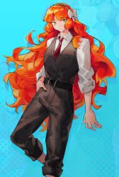 Rule 34 | 1girl, aqua background, black pants, black vest, brown hairband, collared shirt, full body, hairband, highres, ishmael (project moon), limbus company, long hair, long sleeves, looking at viewer, mncpa, necktie, orange hair, pants, project moon, red necktie, rope, shirt, simple background, solo, standing, standing on one leg, very long hair, vest, white shirt, zoom layer