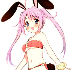 Rule 34 | 1girl, :d, ahoge, animal ears, bandeau, bikini, blue eyes, blurry, blush, breasts, cleavage, fang, from side, gradient hair, groin, long hair, looking at viewer, multicolored hair, navel, o-ring, o-ring bikini, o-ring bottom, o-ring top, open mouth, original, parted bangs, pink hair, plaid, plaid bikini, rabbit ears, rabbit tail, red bikini, simple background, sketch, smile, solo, srcunchie, swimsuit, tail, twintails, underboob, upper body, usashiro mani, white background, wristband