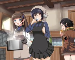 Rule 34 | 10s, 3girls, apron, black hair, blue eyes, bottle, brave witches, brown eyes, brown hair, cooking, eating, food, georgette lemare, gloves, hand in pocket, head scarf, holding, jacket, kaneko (novram58), kanno naoe, kitchen, ladle, leather, leather jacket, long hair, multiple girls, open mouth, oven mitts, plate, pot, saucer, shimohara sadako, short hair, smile, steam, strike witches, tasting, tasting plate, twintails, uniform, world witches series