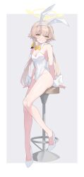 Rule 34 | 1girl, absurdres, animal ears, arume ad, bar stool, bare legs, blue archive, blush, bow, bowtie, breasts, detached sleeves, grey background, halo, hifumi (blue archive), highres, leotard, light brown hair, looking at viewer, playboy bunny, rabbit ears, simple background, sitting, small breasts, smile, solo, stool, twintails, white footwear, white leotard, wrist cuffs, yellow bow, yellow bowtie