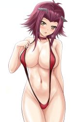 Rule 34 | 1girl, arm behind back, blush, breasts, brown eyes, choker, cleavage, collarbone, cowboy shot, groin, hair intakes, hair ornament, highres, izayoi aki, large breasts, looking at viewer, navel, one-piece swimsuit, open mouth, r-binon, red hair, red one-piece swimsuit, short hair with long locks, sideboob, sidelocks, simple background, slingshot swimsuit, solo, standing, sweatdrop, swimsuit, white background, yu-gi-oh!, yu-gi-oh! 5d&#039;s, yu-gi-oh! gx