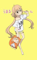 Rule 34 | 1girl, ahoge, bare legs, barefoot, bike shorts, blonde hair, blush, breasts, brown eyes, closed mouth, clothes writing, collarbone, commentary request, cosplay, doma umaru, futaba anzu, futaba anzu (cosplay), hair between eyes, hair tie, hamster hood, himouto! umaru-chan, holding, idolmaster, idolmaster cinderella girls, komaru (himouto! umaru-chan), long hair, looking at viewer, low twintails, nekonopapa, oversized clothes, shirt, short sleeves, sidelocks, simple background, small breasts, smile, solid circle eyes, solo, striped bike shorts, striped clothes, stuffed toy, t-shirt, twintails, v, very long hair, yellow background