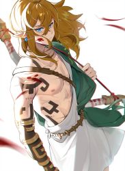 Rule 34 | 1boy, archaic set (zelda), blood, blood on face, blue eyes, blurry, bow (weapon), brown hair, closed mouth, commentary request, crossed bangs, earrings, hair between eyes, highres, holding, holding strap, jewelry, leopardtiger, link, long hair, male focus, nintendo, pointy ears, solo, the legend of zelda, the legend of zelda: breath of the wild, weapon, white background